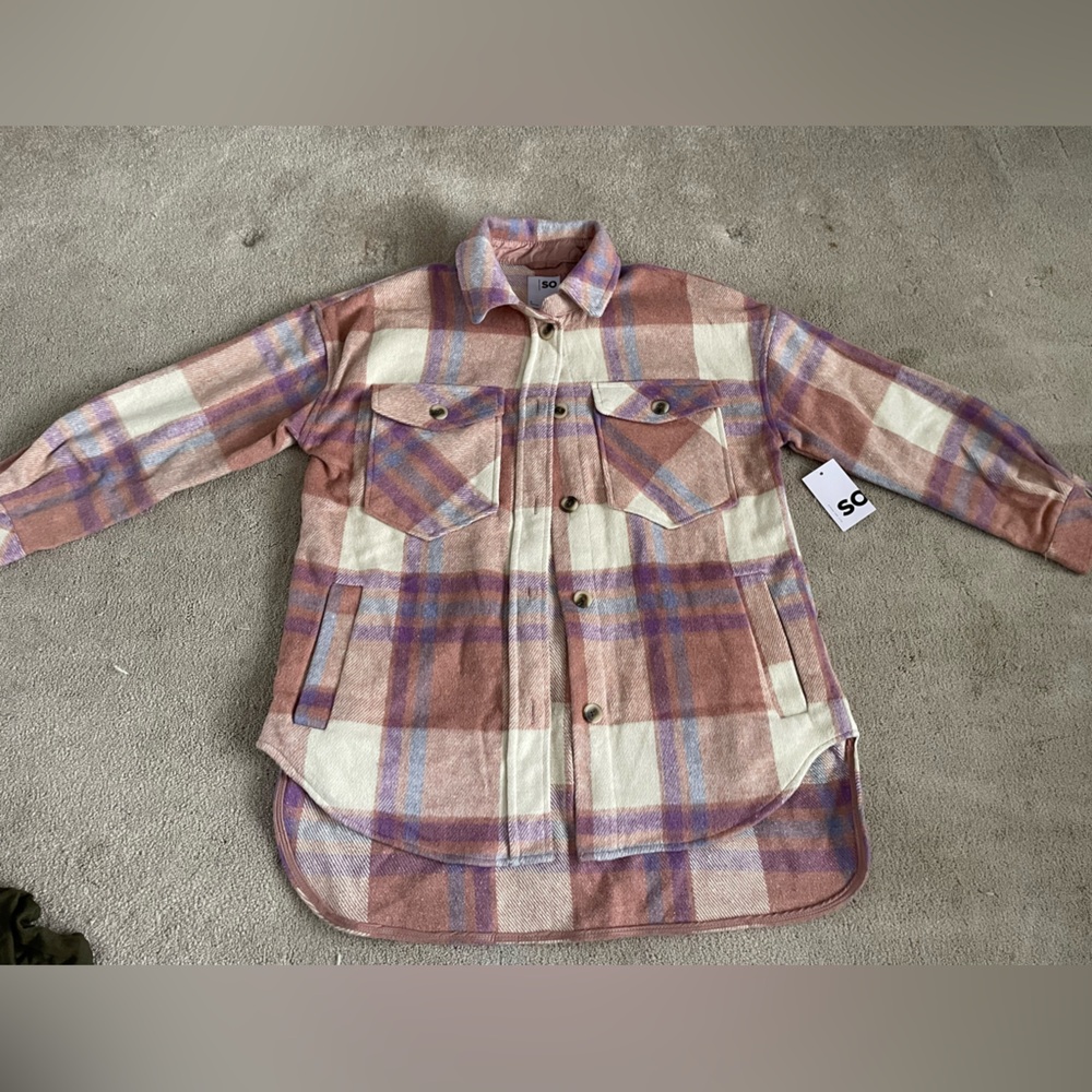 SO Plaid Shirt Jacket in Pink and Cream
